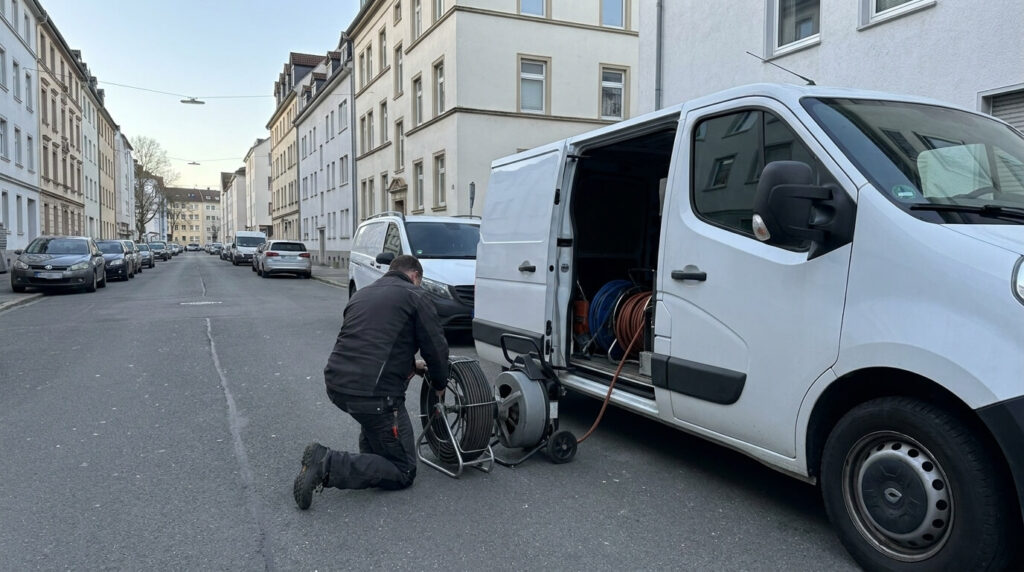 Techniker von Kanalreinigung Posch bereitet eine Rohrreinigung am Servicefahrzeug vor